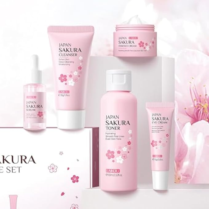 STRBOXONG JAPAN SAKURA SKINCARE SET 5PCS (CLEANSER 50G, TONER 100ML, SERUM 17ML, EYECREAM 15G, FACE CREAM 25G) DEEP NOURISHING & MOISTURIZING SKINCARE, SPA, FACIAL CARE GIFT BOXES FOR WOMEN, GIRLS, MOM - Image 3